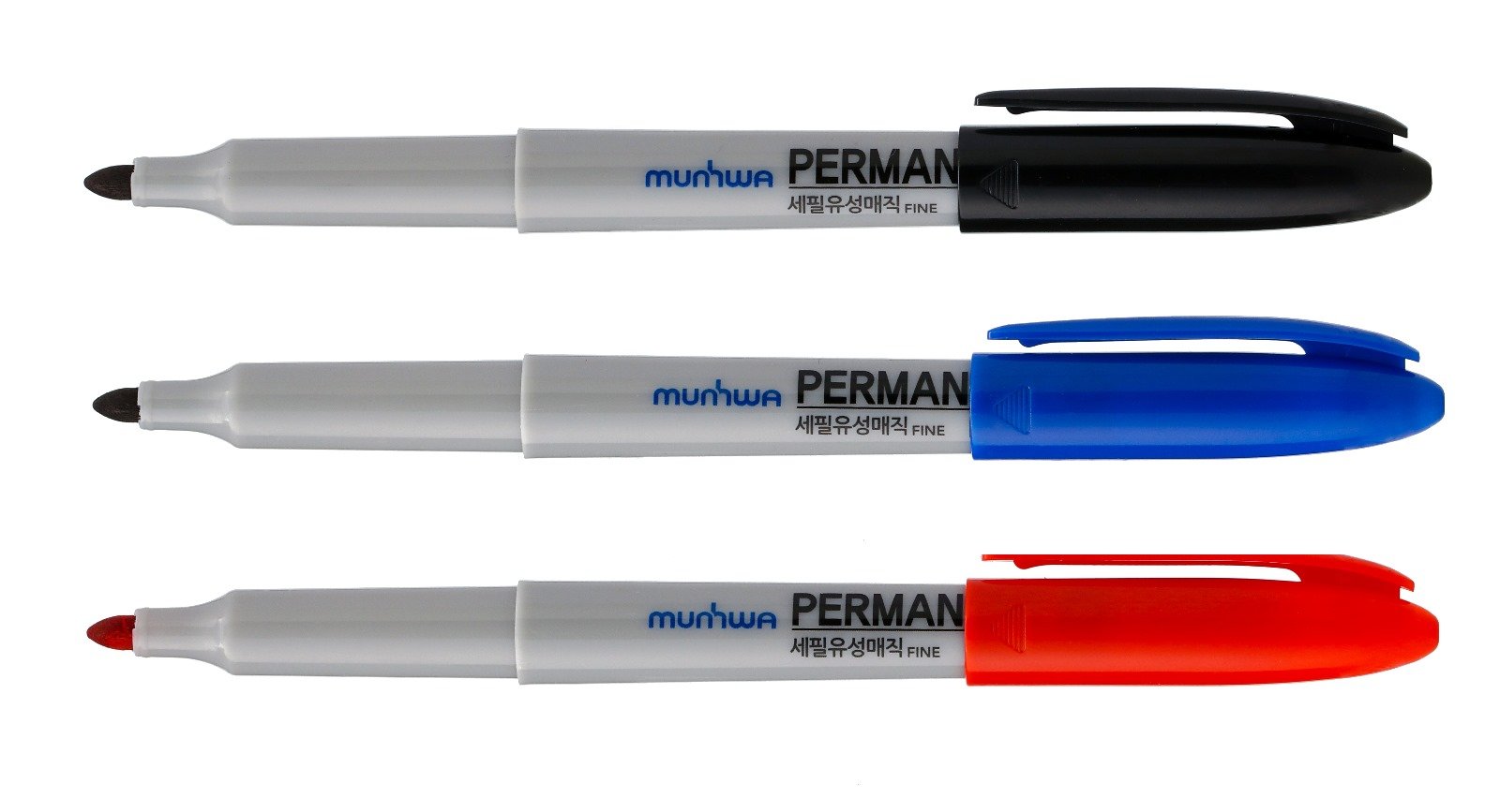 Three permanent marker pens aligned horizontally with black, blue, and red caps.