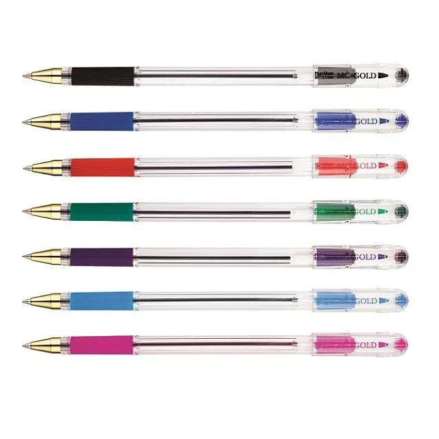 Seven ballpoint pens with colored grips and matching caps, arranged in a vertical line with the tips pointing left. The colors are black, blue, red, green, purple, light blue, and pink.