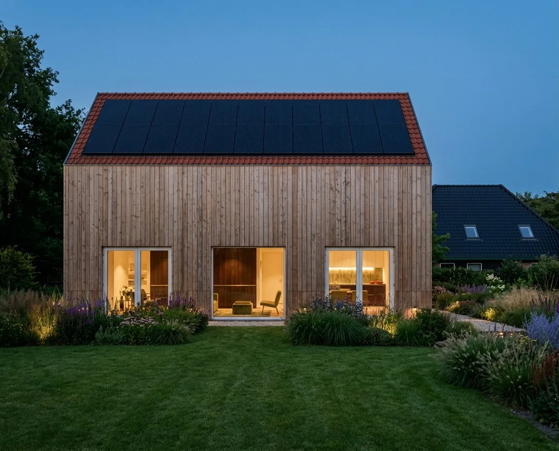 Moderne houten huis met zonnepanelen op het dak, verlichte ramen, omgeven door een tuin met bloemen en groen, 's avonds.