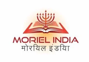 Moriel India logo with an open book and a menorah