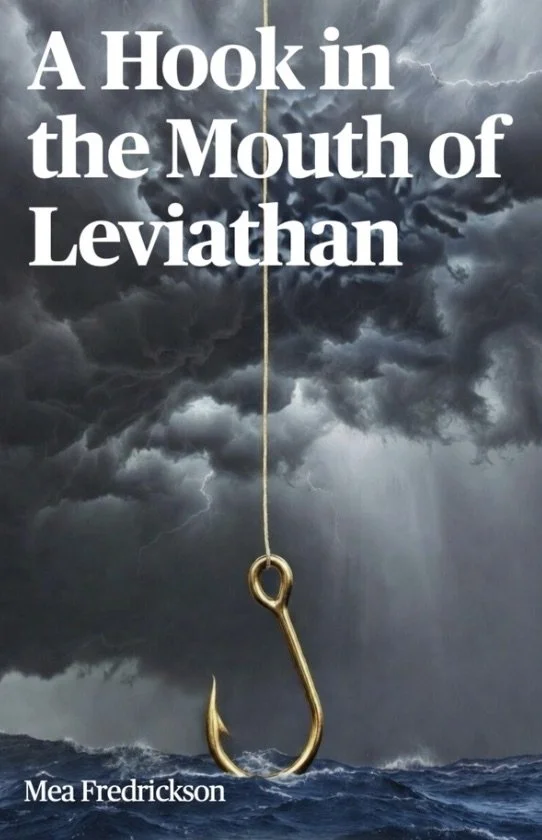 Book cover featuring a stormy sky with dark clouds and lightning, a fishing hook hanging from a fishing line in the water, with the title 'A Hook in the Mouth of Leviathan' and the author's name 'Mea Fredrickson'.