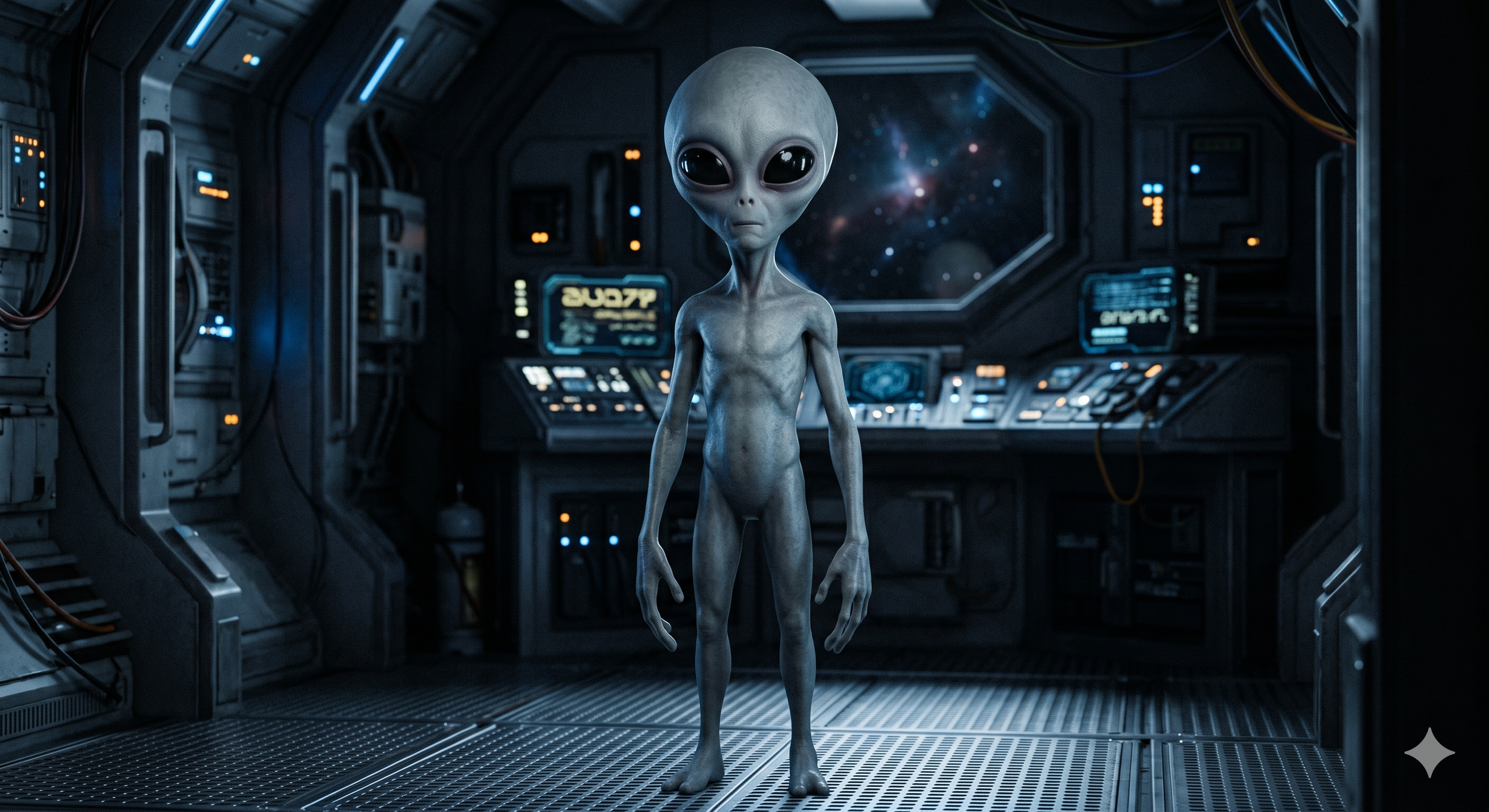 A cartoon-style alien with big black eyes and gray skin stands in a spaceship interior with control panels, wires, and a view of space through a window.