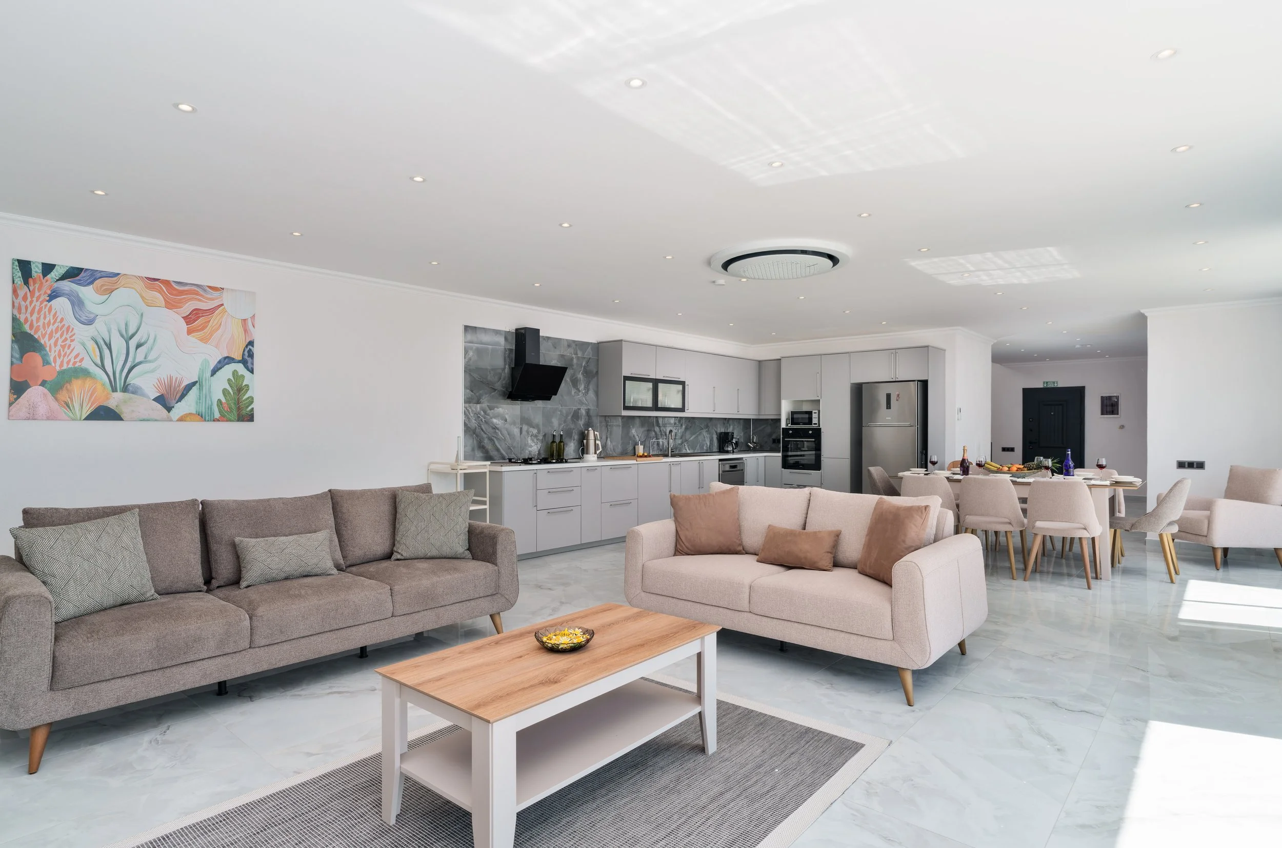 Modern open-concept living room and kitchen with light gray sofas, wooden coffee table, dining table with chairs, white cabinetry, gray marble backsplash, stainless steel appliances, and colorful abstract artwork on the wall.
