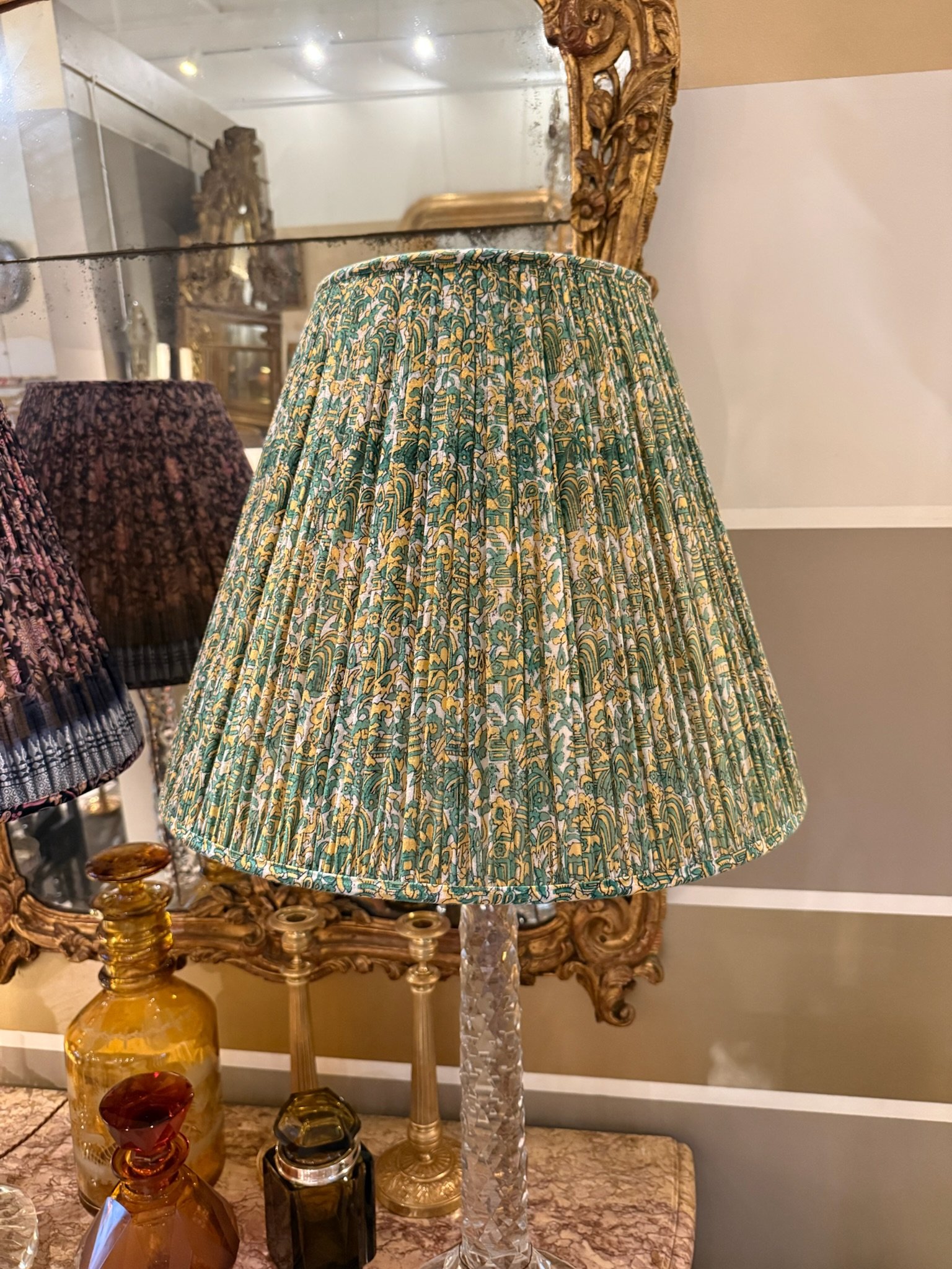 Vintage Sari Gathered Lampshade in Green Floral - Single