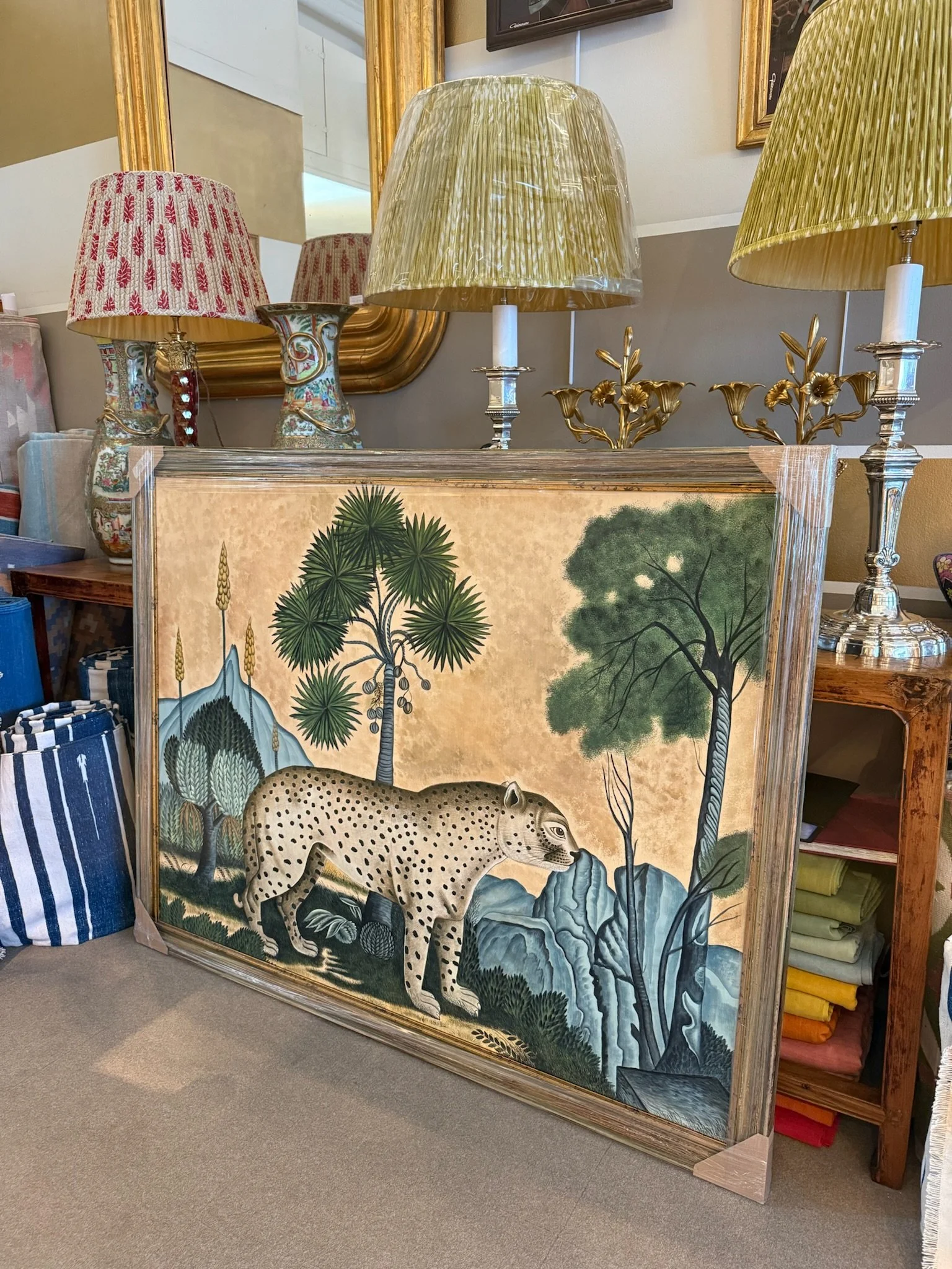 Antiqued Painting of Leopard with Exotic Plants