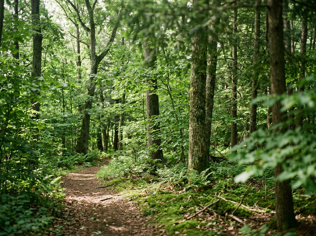 A narrow dirt trail through a lush green forest with tall trees and dense foliage.