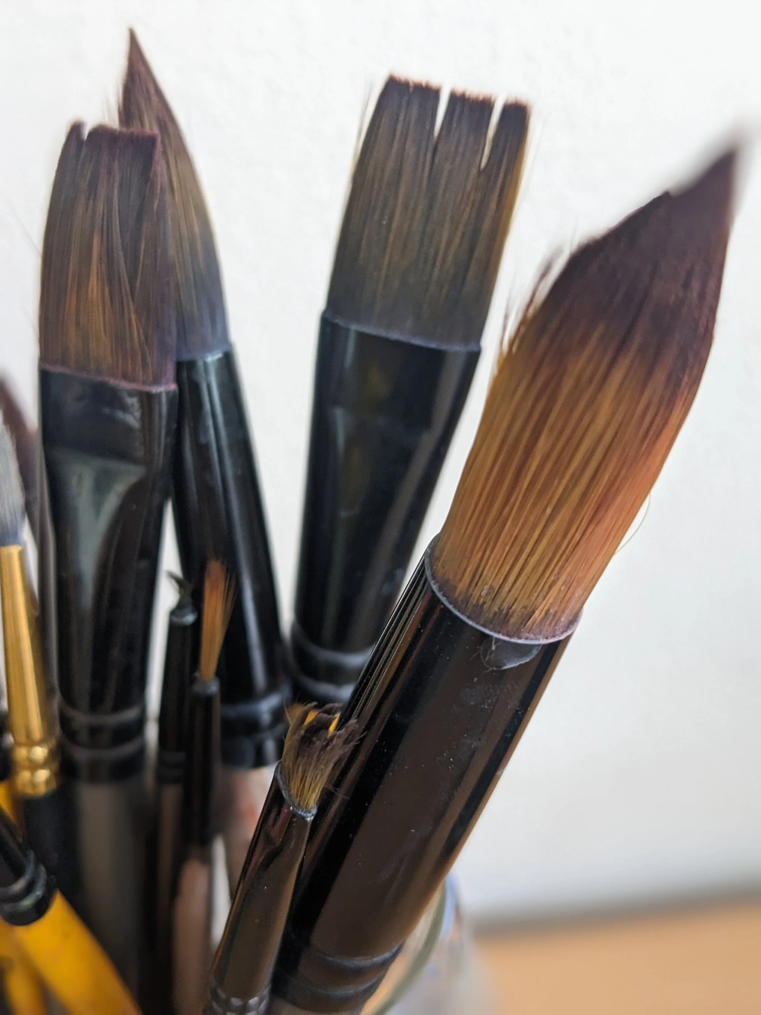 Close-up of various paintbrushes with black and brown bristles and black handles.