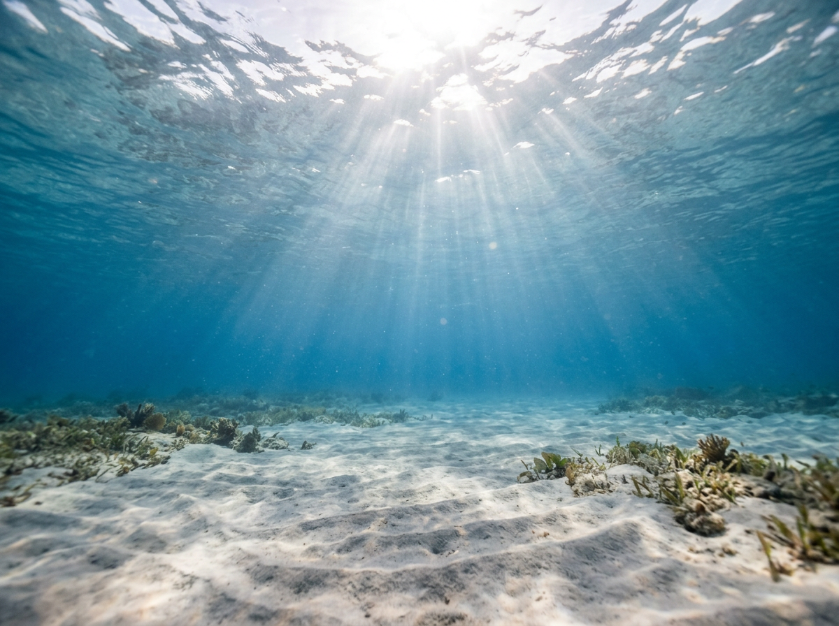 Underwater scene with sunlight rays penetrating clear blue water, sandy ocean floor with sparse seaweed and coral