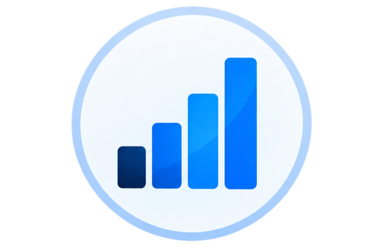 Icon of a blue upward trending bar chart inside a light blue circular border.