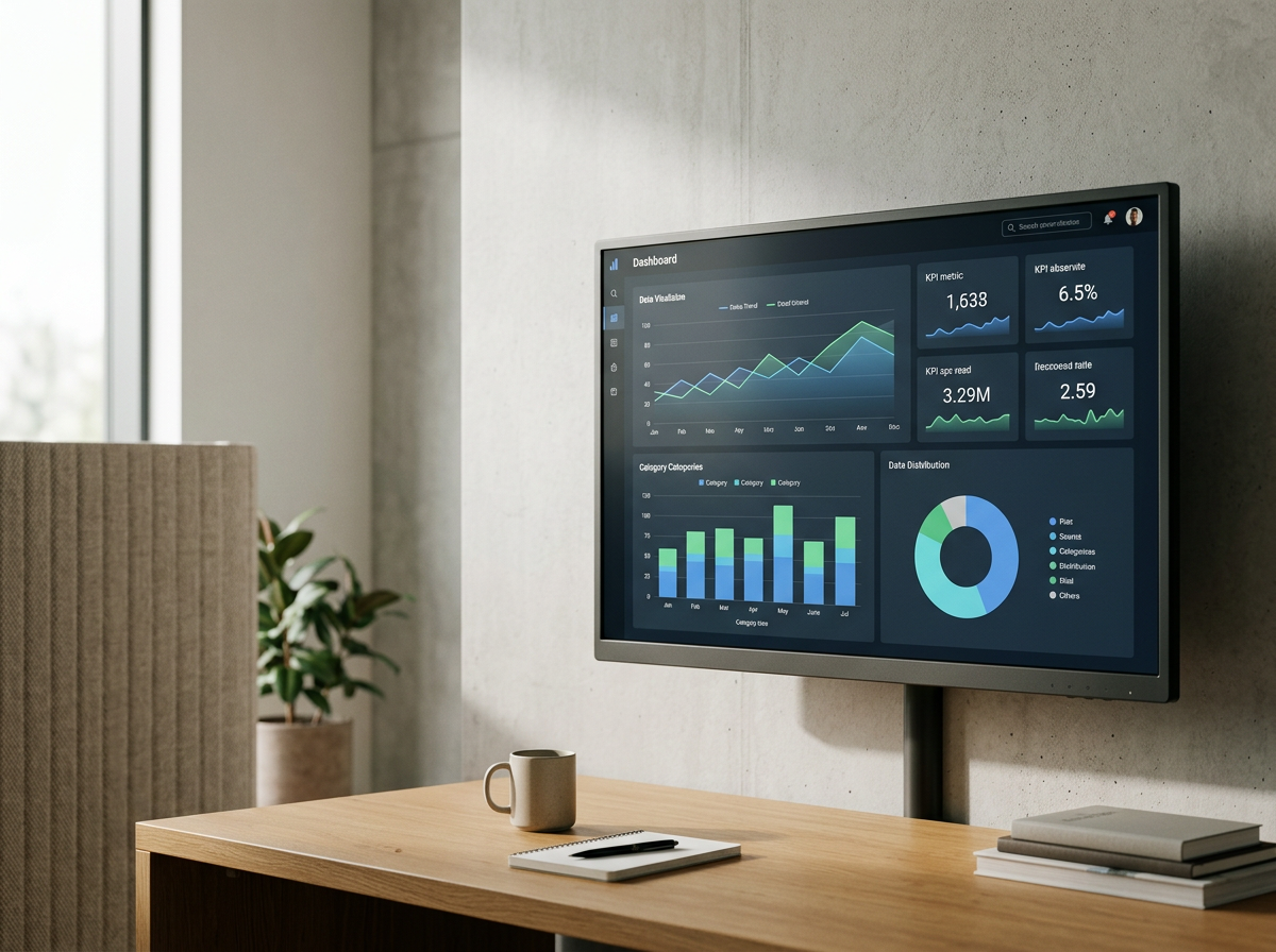 Computer monitor displaying business analytics and data charts in a modern office setting.