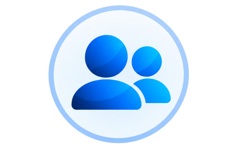 Icon of two stylized human figures in blue, representing a group or social connection.