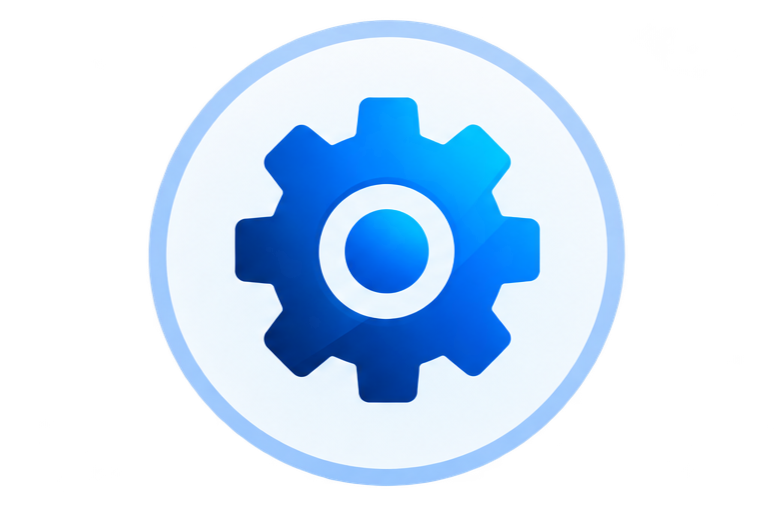 A blue gear icon inside a circular light blue and white background, representing settings or tools.
