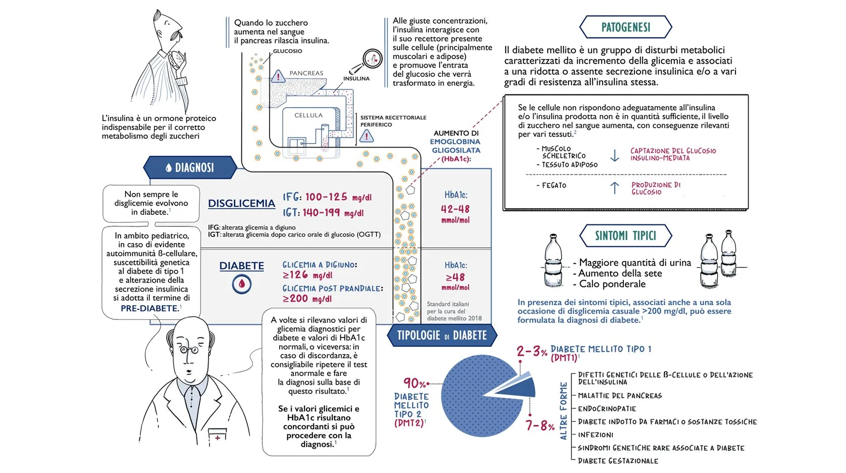 Infografica sul diabete, il meccanismo di sviluppo, diagnosi e tipologie, con grafici e testo in italiano.