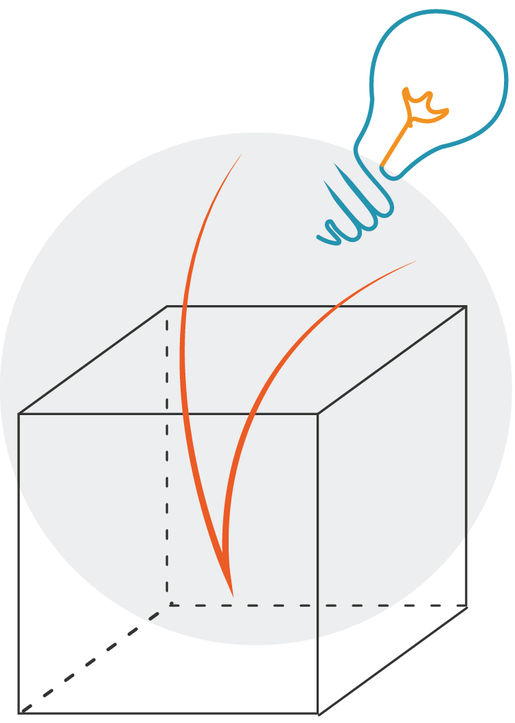 Disegno di un cubo con due linee arancioni che si dirigono verso l'alto, e una lampadina blu con filo arancione emessa sopra.