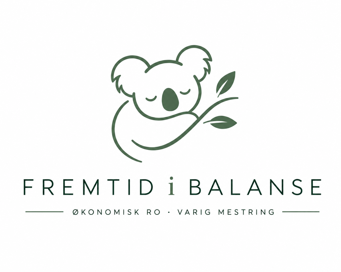 En enkel skisse av en koala som holder et blad, med teksten 'Fremtid i Balanse' og underteksten 'Økonomisk ro · Varig mestring'.
