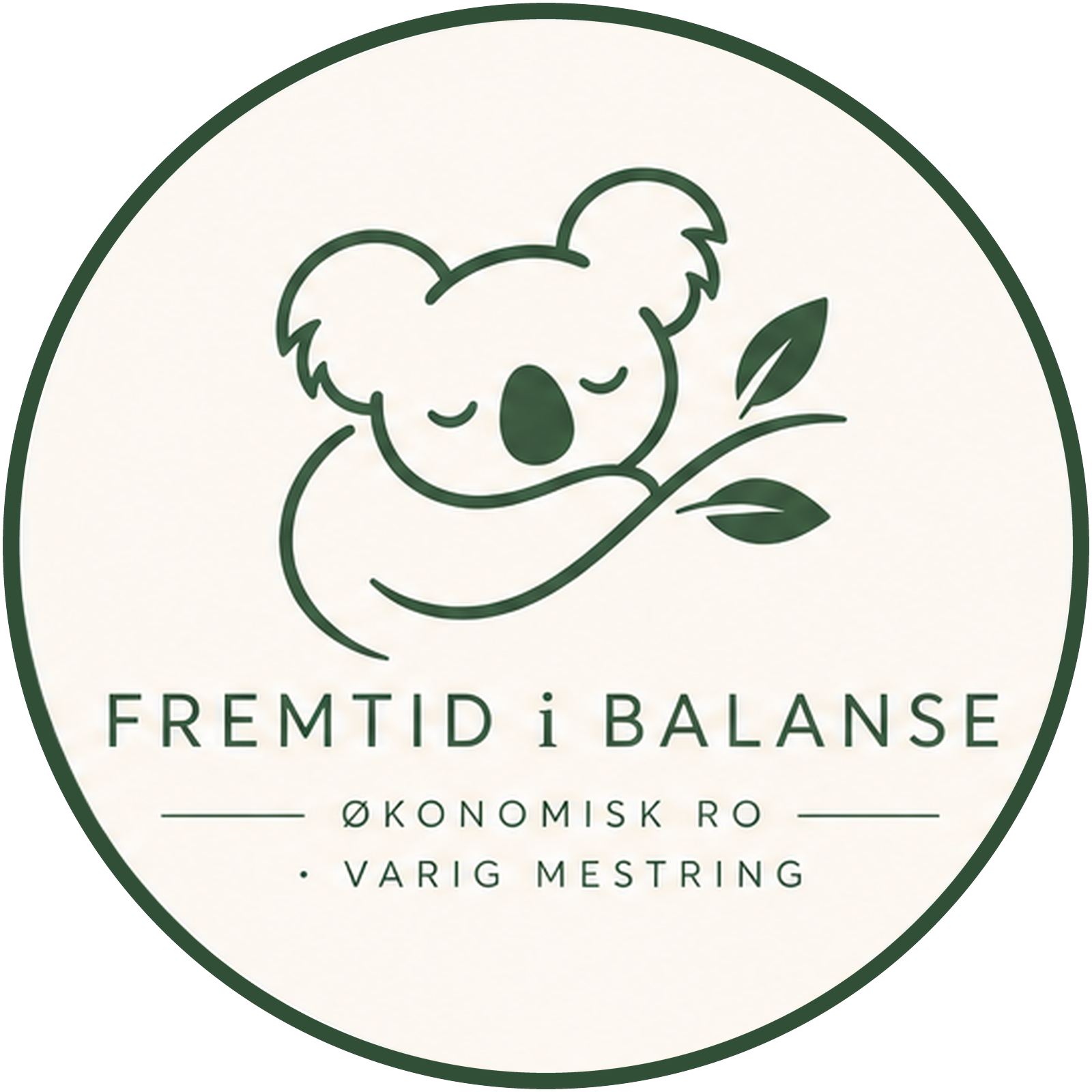 En logo med en enkel tegning av en koala som holder en kvist. Under logoen står det 'FREMTID I BALANSE' og 'ØKONOMISK RO, VARIG MESTRING'.