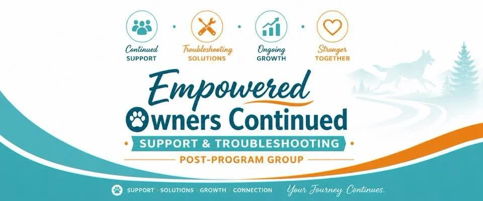 A digital graphic promoting a post-program support and troubleshooting group for empowered dog owners, with icons representing support, solutions, growth, and connection.