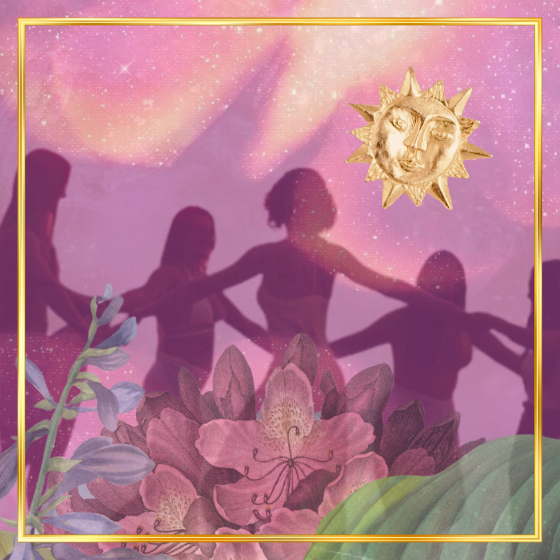 Silhouette de niñas jugando en un fondo de cielo rosa con estrellas, decorado con una luna dorada y flores en primer plano.