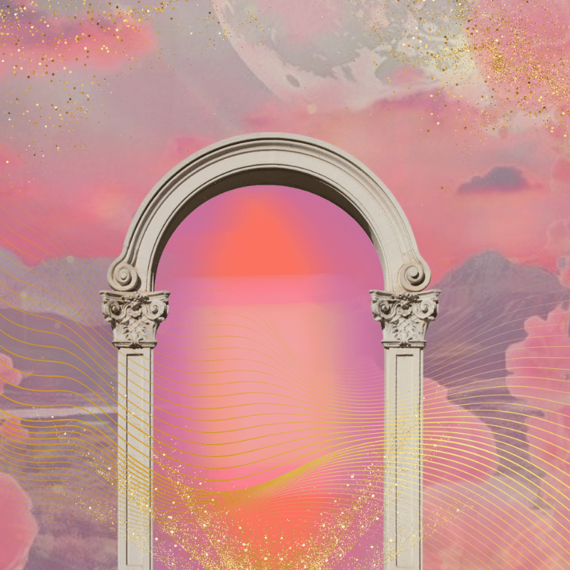 Arco clásico en un fondo de cielo con nubes y luna, con efectos de polvo dorado y líneas onduladas en tonos pastel rosas y morados.