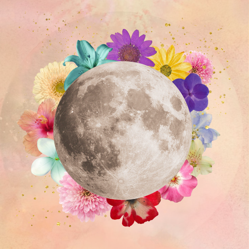 Ilustración de la luna llena rodeada de flores de colores y pequeños destellos dorados en un fondo pastel.
