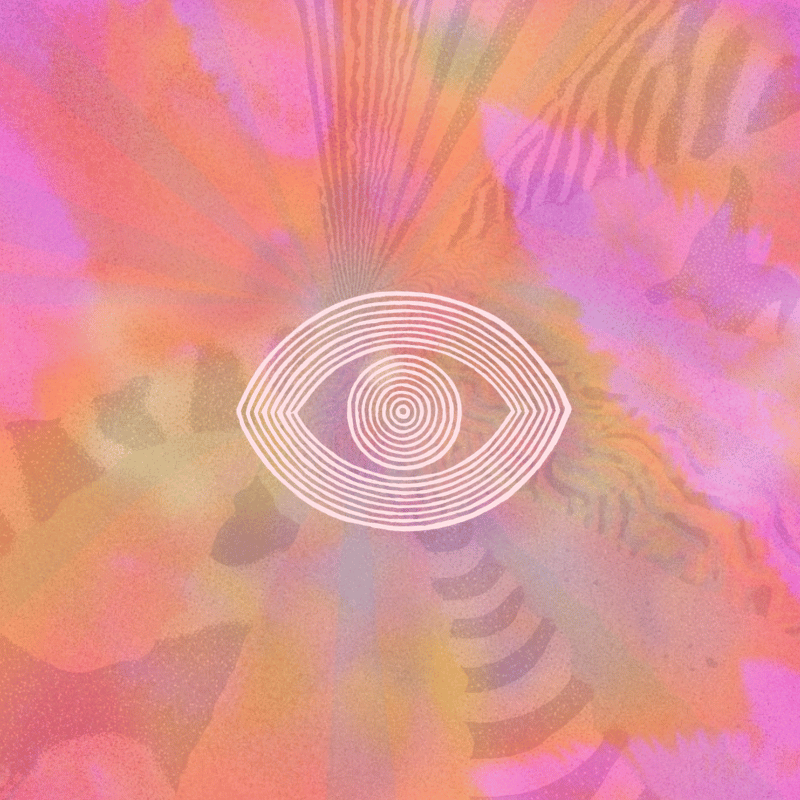 Fondo colorido con patrones abstractos en tonos rosados, anaranjados y lilas, con un símbolo de ojo blanco en el centro y líneas concéntricas que lo rodean.
