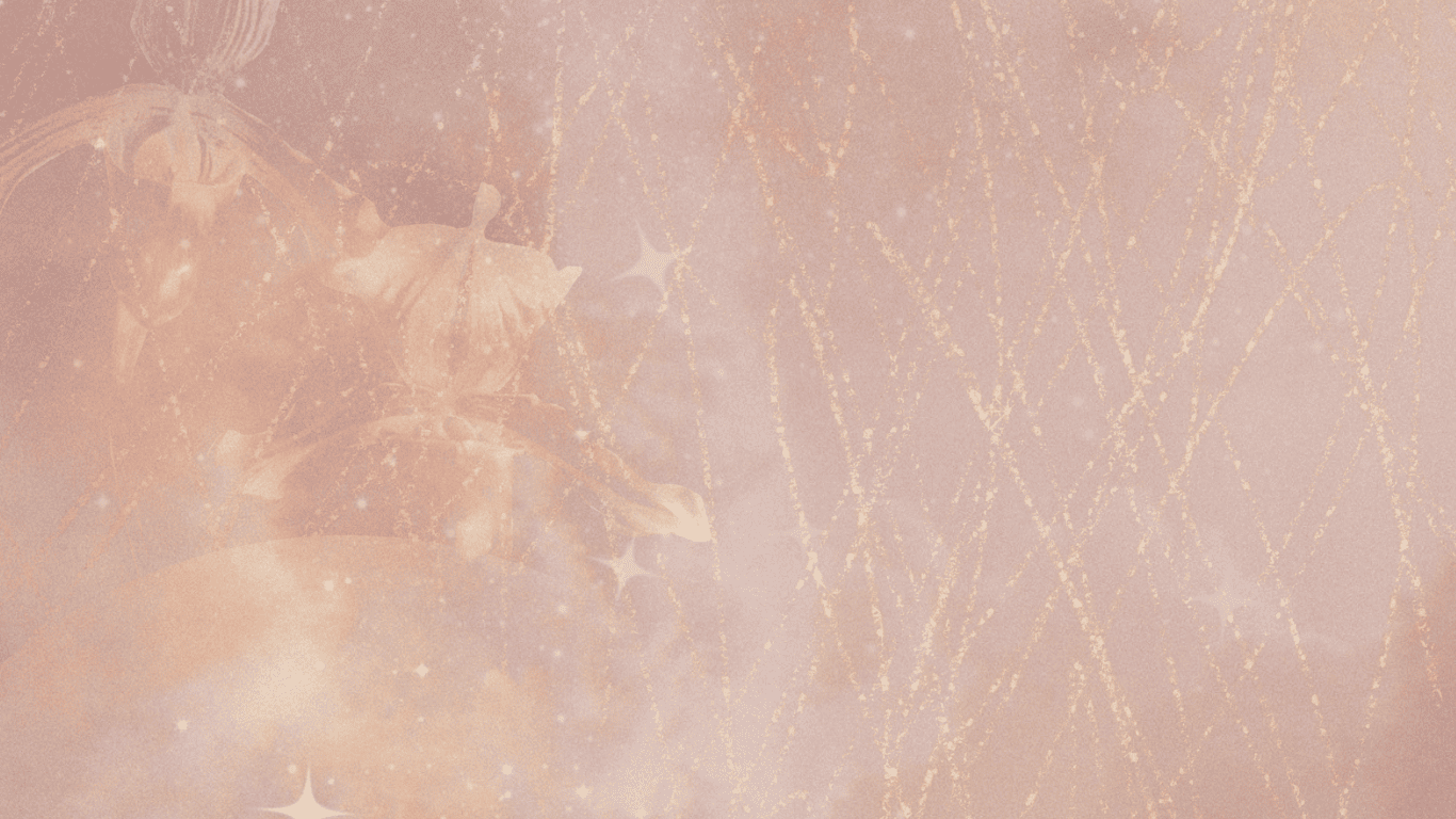 Fondo rosa con destellos dorados y decoraciones de estrellas que parecen ser brillos y burbujas.