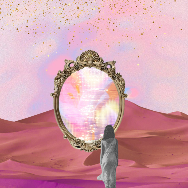 Un paisaje de dunas en tonos rosa con un cielo con puntos dorados y un espejo decorativo en el centro, reflejando un mundo de colores pastel y luz