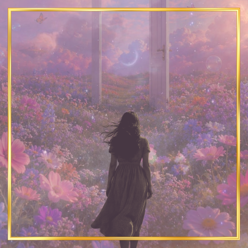 Una mujer de espaldas camina entre un campo de flores de colores pastel, con un cielo de tonos rosados y nubes en el fondo. Hay una puerta gigante en medio del campo que abre hacia un paisaje surrealista con un cielo con luna y planetas visibles.