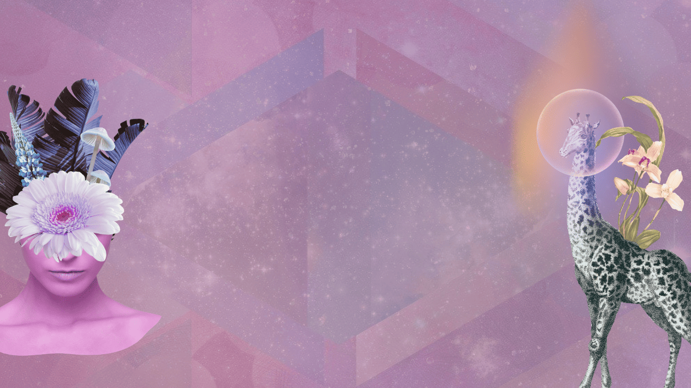 Un fondo de tonos rosas y morados con galaxias y formas geométricas. A la izquierda hay una cabeza de mujer rosa con flores y plumas que cubren sus ojos. A la derecha, hay una jirafa con un halo y flores en el cuello, sobre un fondo similar lleno de estrellas y efectos cósmicos.