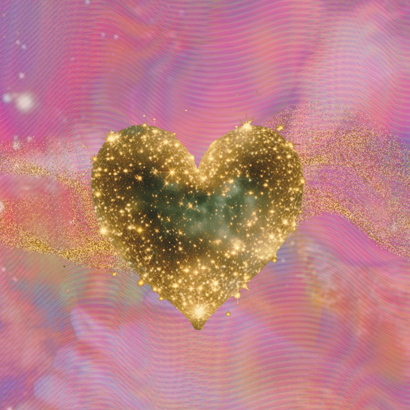 Corazón dorado brillante lleno de destellos dorados y estrellas, sobre fondo de ondas de colores rosados y morados con destellos dorados.