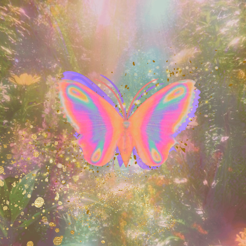 Mariposa colorida con tonos rosados, azules y verdes en un fondo de bosque con efectos brillantes y dorados.