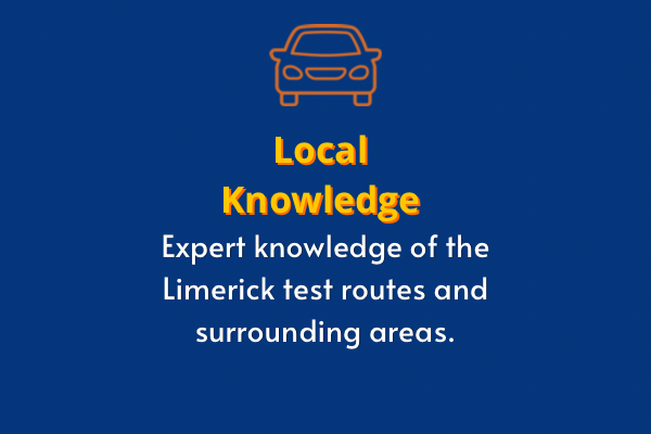 Icon of a car above the text "Local Knowledge" in yellow and orange, with additional text in white stating, "Expert knowledge of the Limerick test routes and surrounding areas."