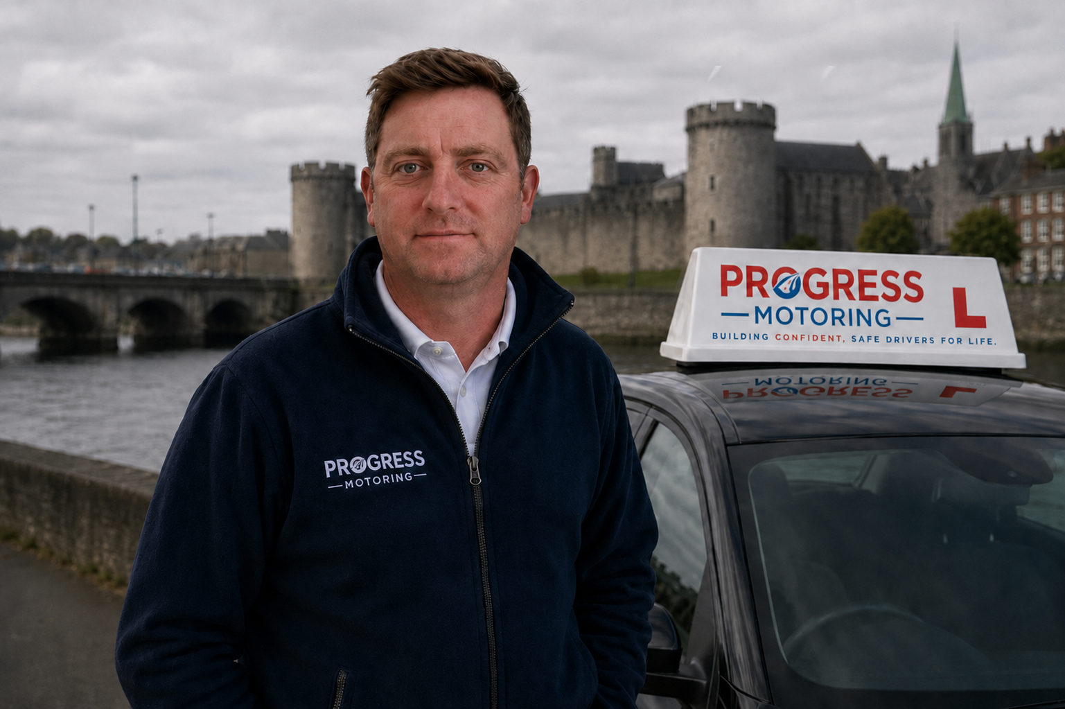 A man standing next to a driving school car with a historic castle in the background