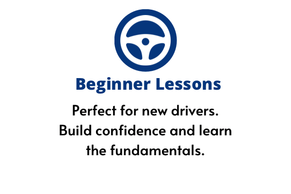 A graphic promoting beginner driving lessons with a steering wheel icon, the title 'Beginner Lessons' in bold blue text, and a message about building confidence and learning fundamentals for new drivers.