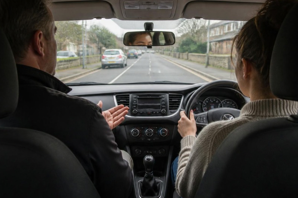 Inside a car, a man is driving while a woman is sitting in the passenger seat, and they are having a conversation. The road ahead shows parked cars and a residential neighborhood.