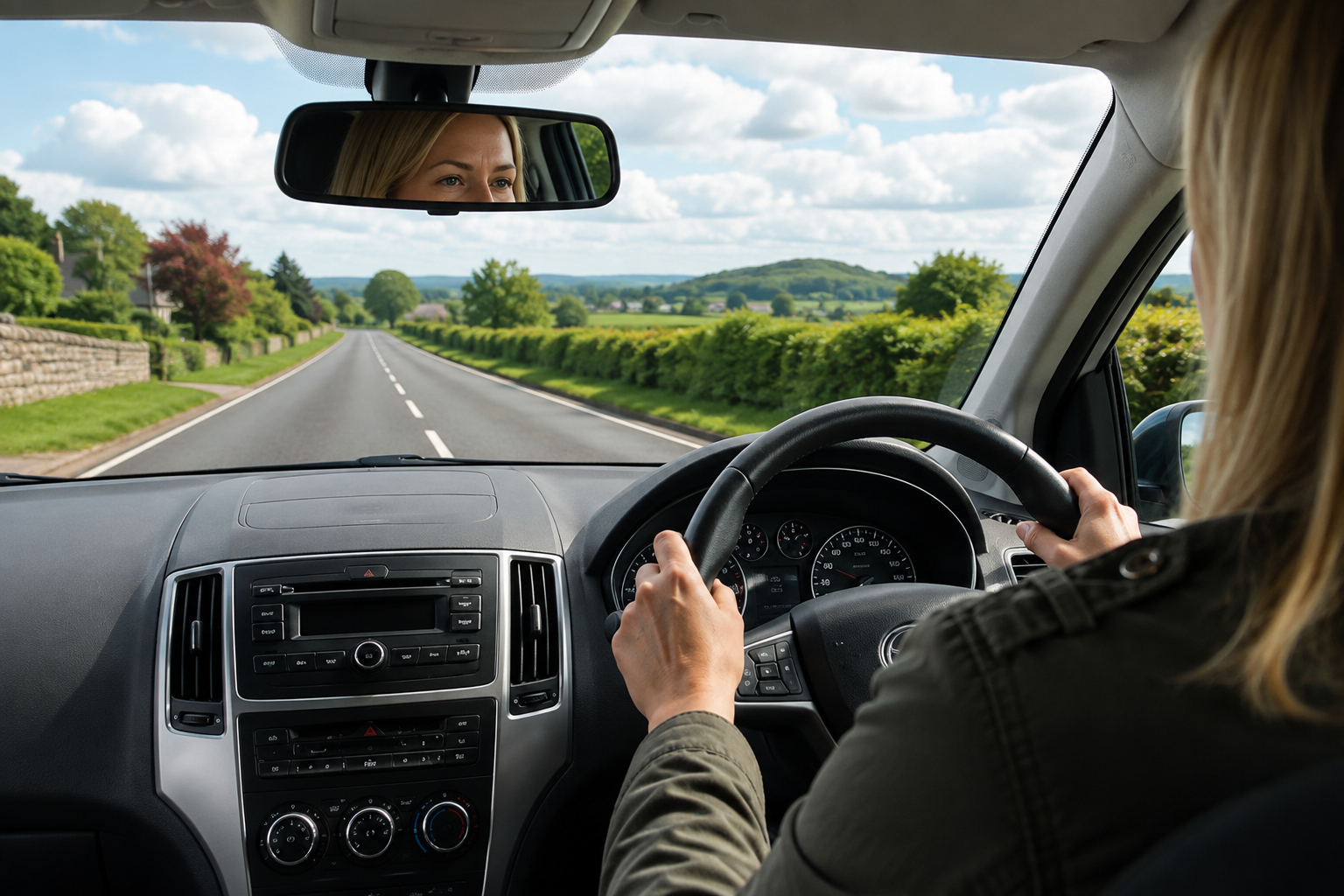 The interior view of a car showing a woman driving on a scenic rural road with lush green trees and rolling hills in the background.