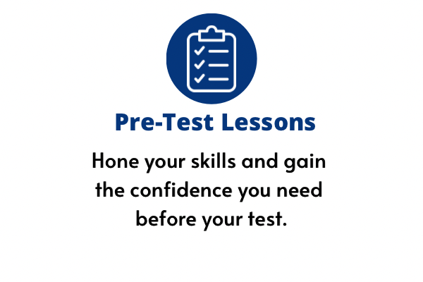 Icon of clipboard and checklist with text about pre-test lessons to improve skills and confidence.