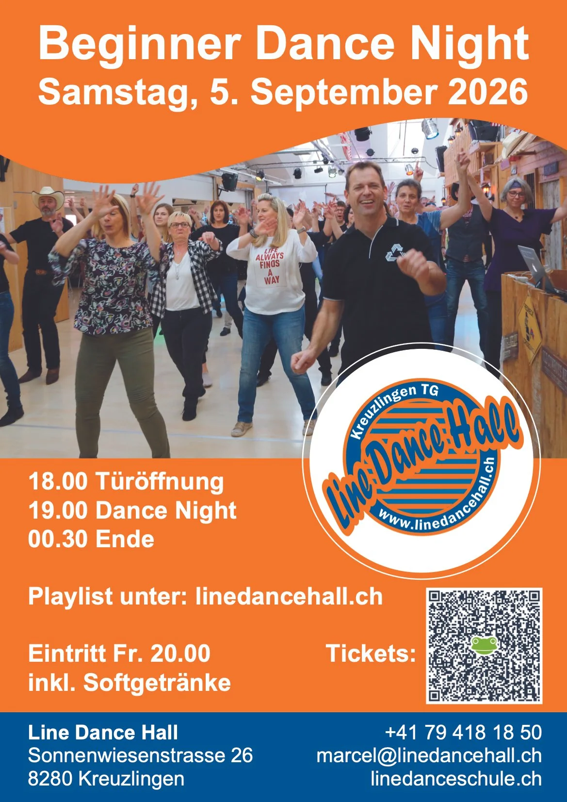 Plakat für eine Beginner Dance Night am 5. September 2026, mit einem Bild von Menschen, die tanzen, und dem Logo »Line Dance4All«. Das Event beginnt um 19:00 Uhr, Ende um 00:30 Uhr, Eintritt 20 Franken inklusive Softgetränke. Veranstaltungsort ist die Line Dance Hall in Kreuzlingen, Schweiz.
