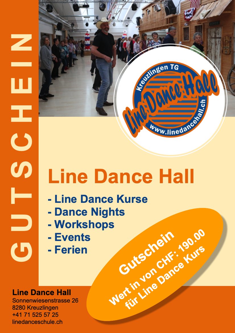 Werbeplakat für den Line Dance Hall mit Informationen über Kurse, Abende, Workshops, Events und Ferien, inklusive Gutschein in Schweizer Franken.