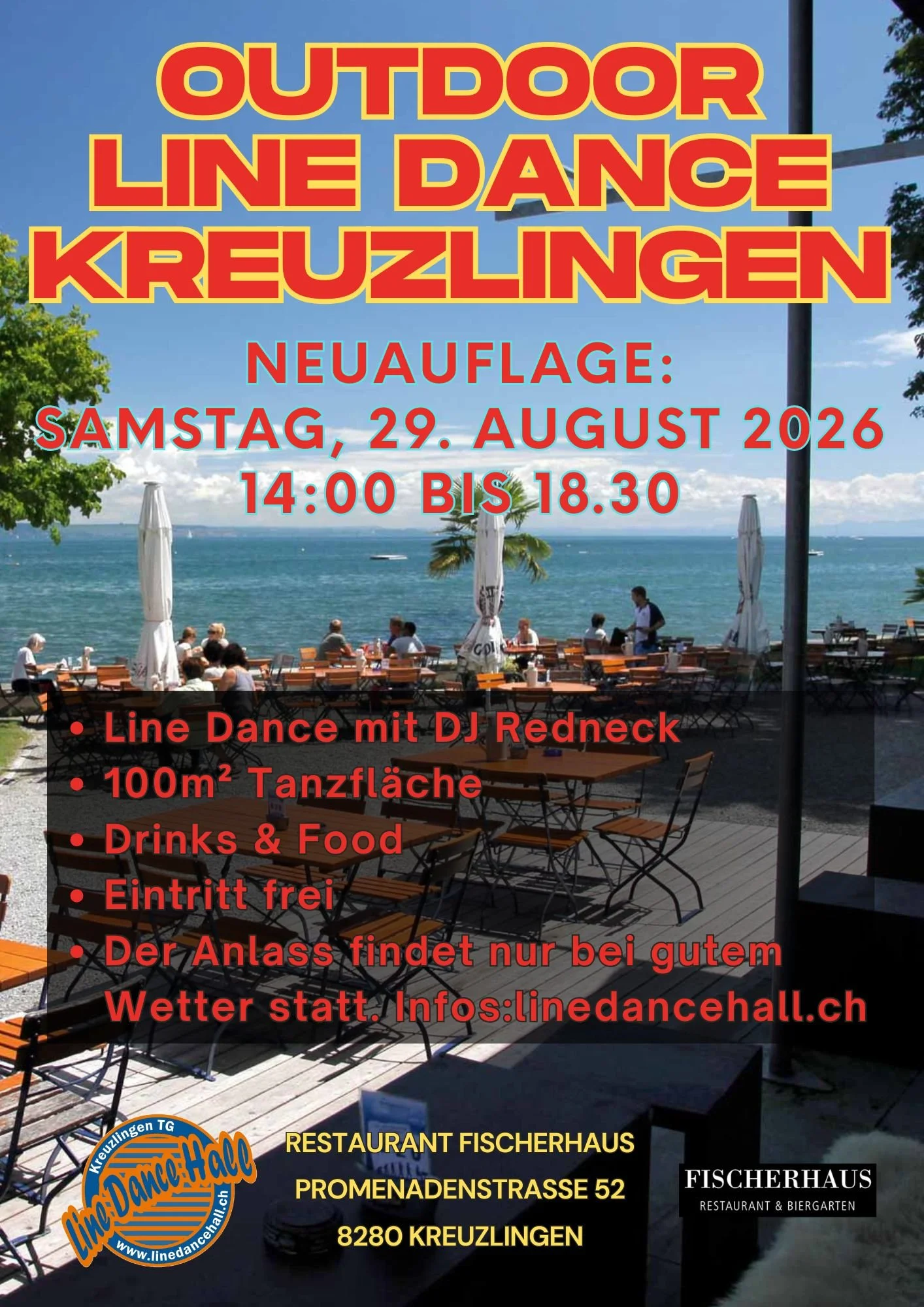 Plakat für eine Outdoor-Line-Dance-Veranstaltung am 29. August 2026, mit Informationen über Ort, Uhrzeit, Aktivitäten, Eintritt und Wetterbedingungen, vor einem Seeblick mit Tischen am Wasser.