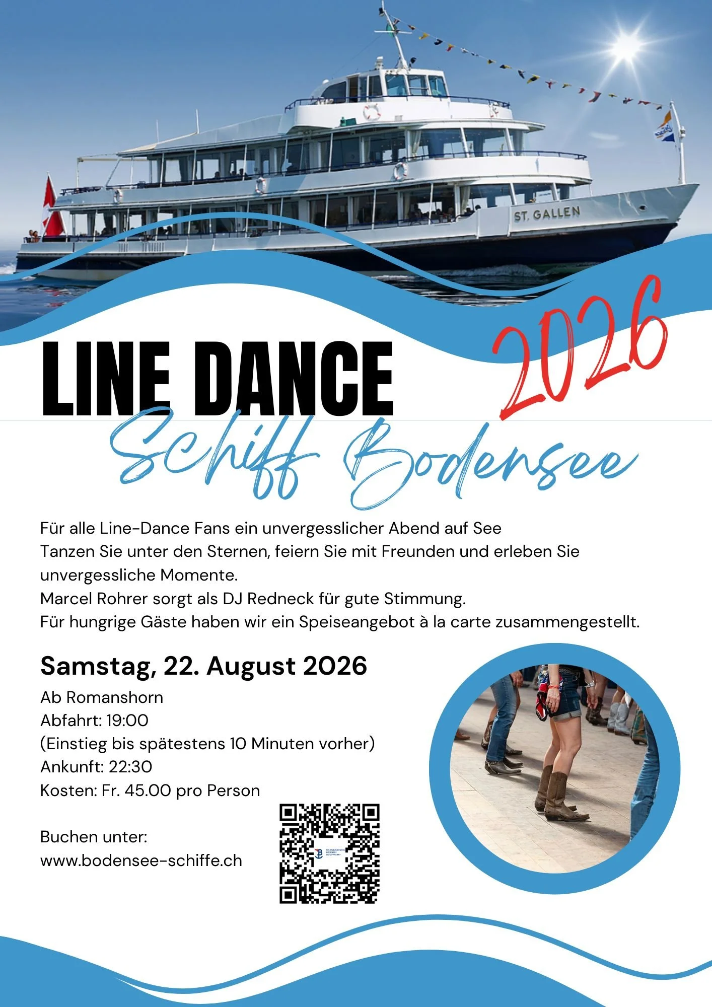 Veranstaltungsplakat für Line Dance auf dem Schiff Bodensee am 22. August 2026, zeigt einen weißen Passagierdampfer auf dem Wasser und eine Gruppe von Menschen beim Line Dance an Land.
