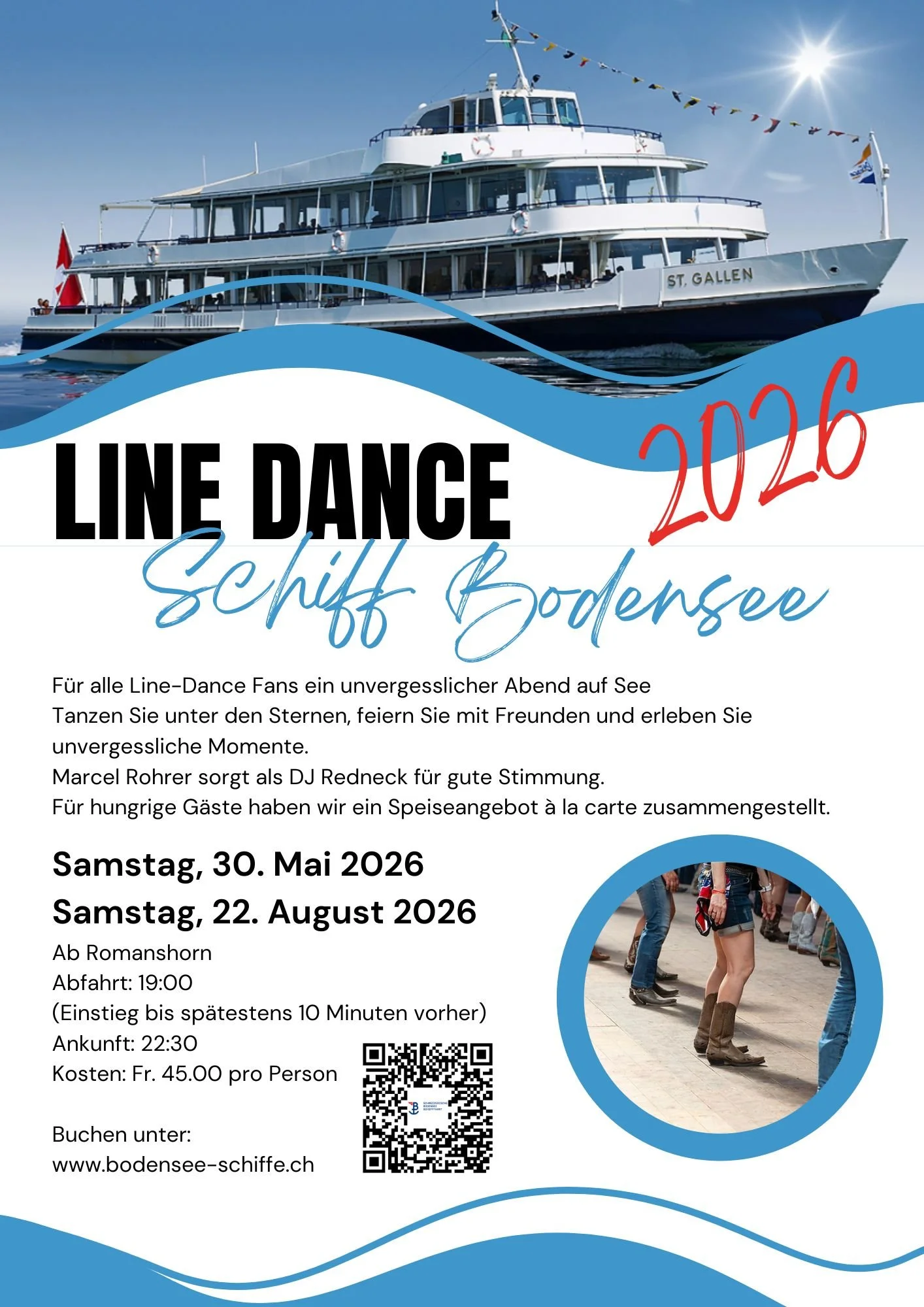 Werbeplakat für eine Line Dance Veranstaltung auf einem Schiff in der Bodenseeregion. Es enthält Details zu Terminen, Abfahrt, Kosten und Buchung, mit einem Bild eines Schiffes und einer Gruppe von Menschen in Cowboy- oder Country-Mode.
