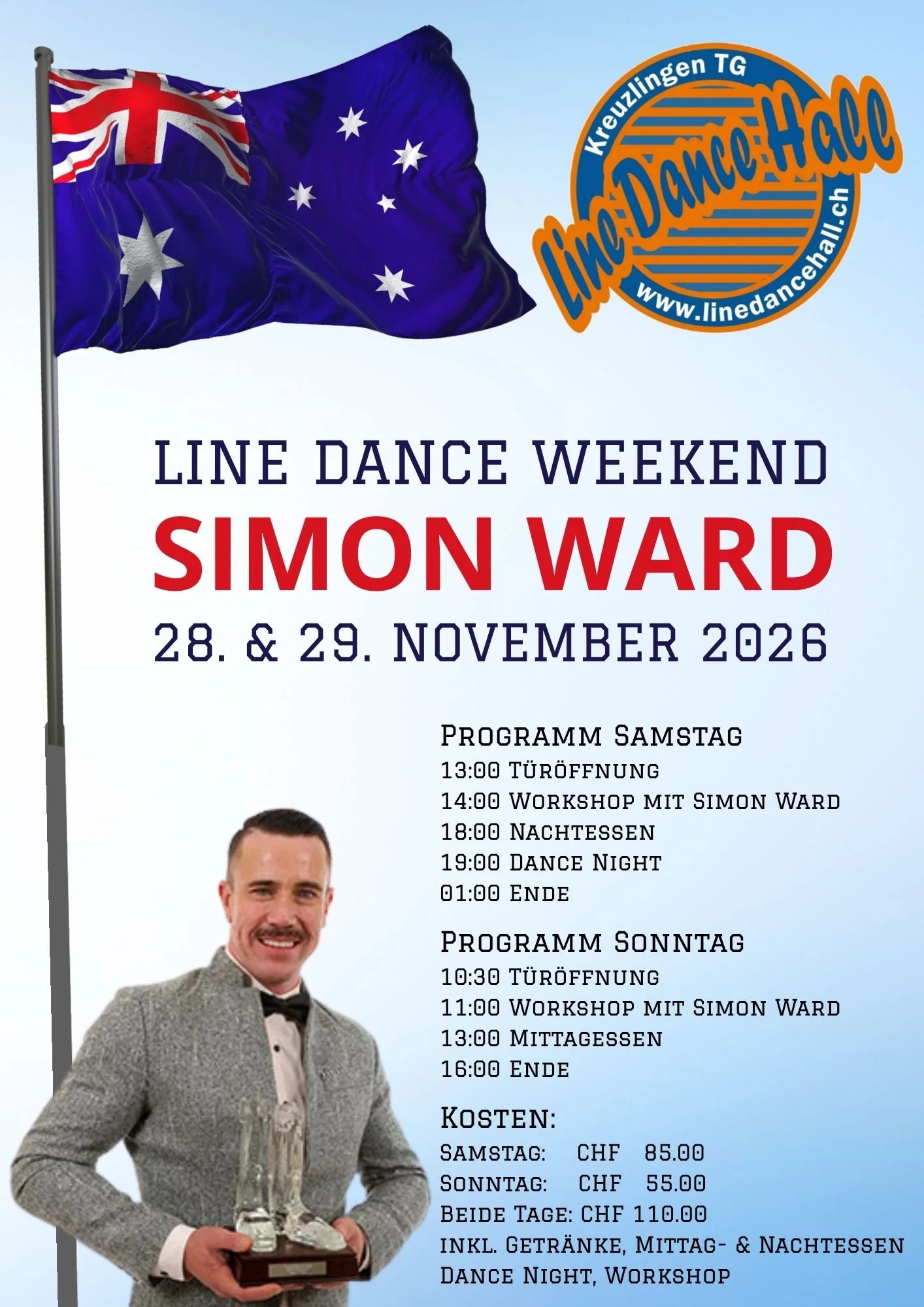 Ein Plakat für das Line Dance Wochenende mit Simon Ward am 28. und 29. November 2026. Das Plakat zeigt die australische Flagge und das Logo von Line Dance. Es enthält das Programm für Samstag und Sonntag sowie die Preisinformationen.