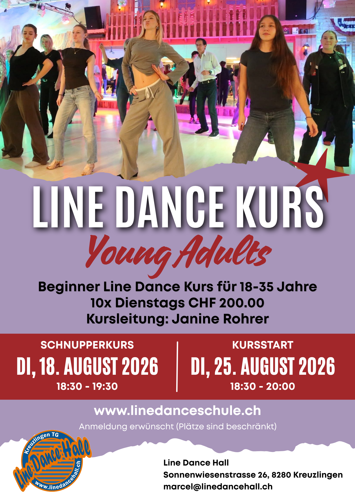 Bewerbungsanzeige für einen Anfänger-Group-Dance-Kurs für junge Erwachsene im Alter von 18-35 Jahren mit Informationen zu Terminen, Kursleitung und Anmeldungen bei Line Dance Hall.