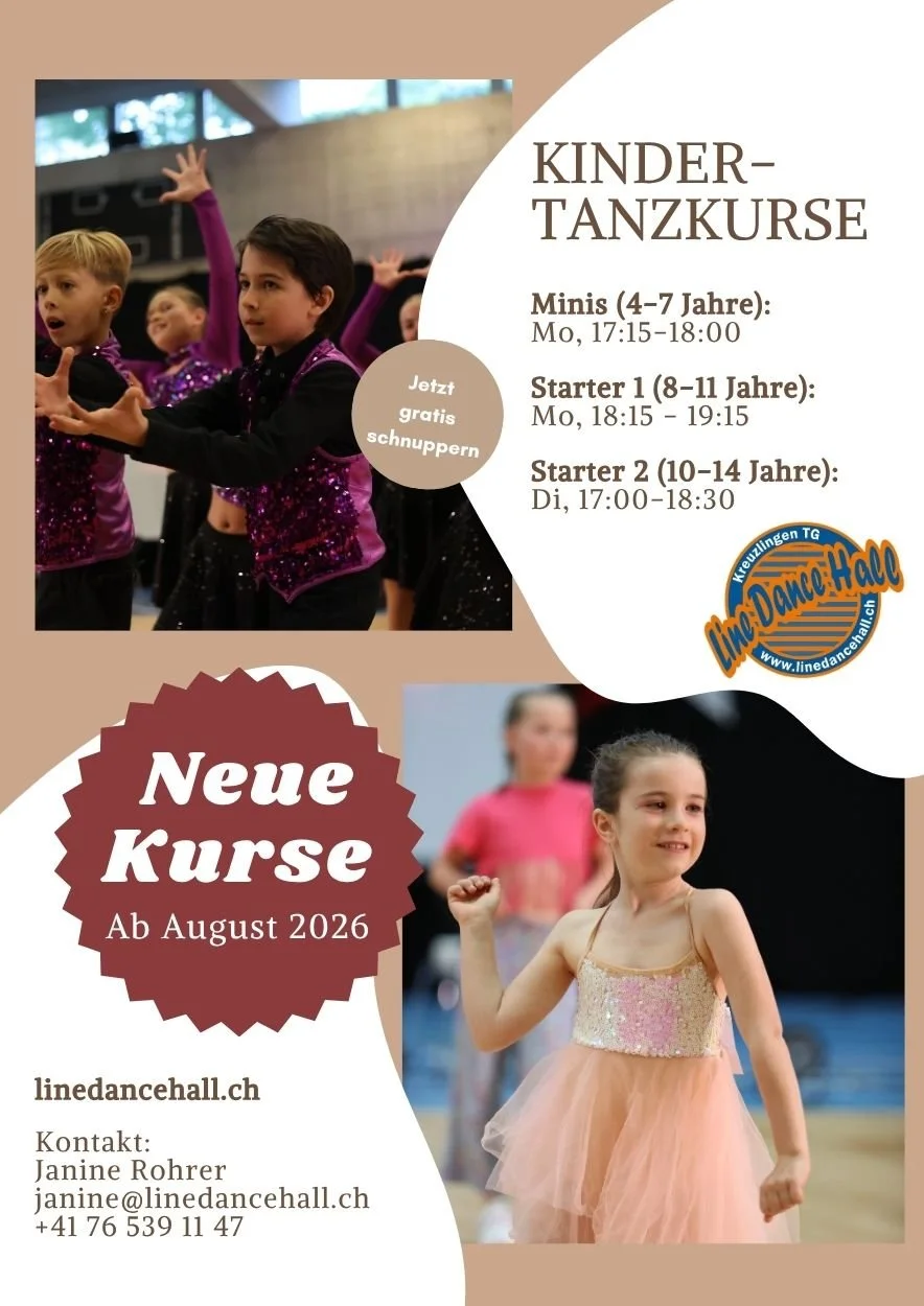 An informational flyer about children's dance courses with images of children dancing, one in a purple outfit and another in a pink dress, with details about course levels and schedules.