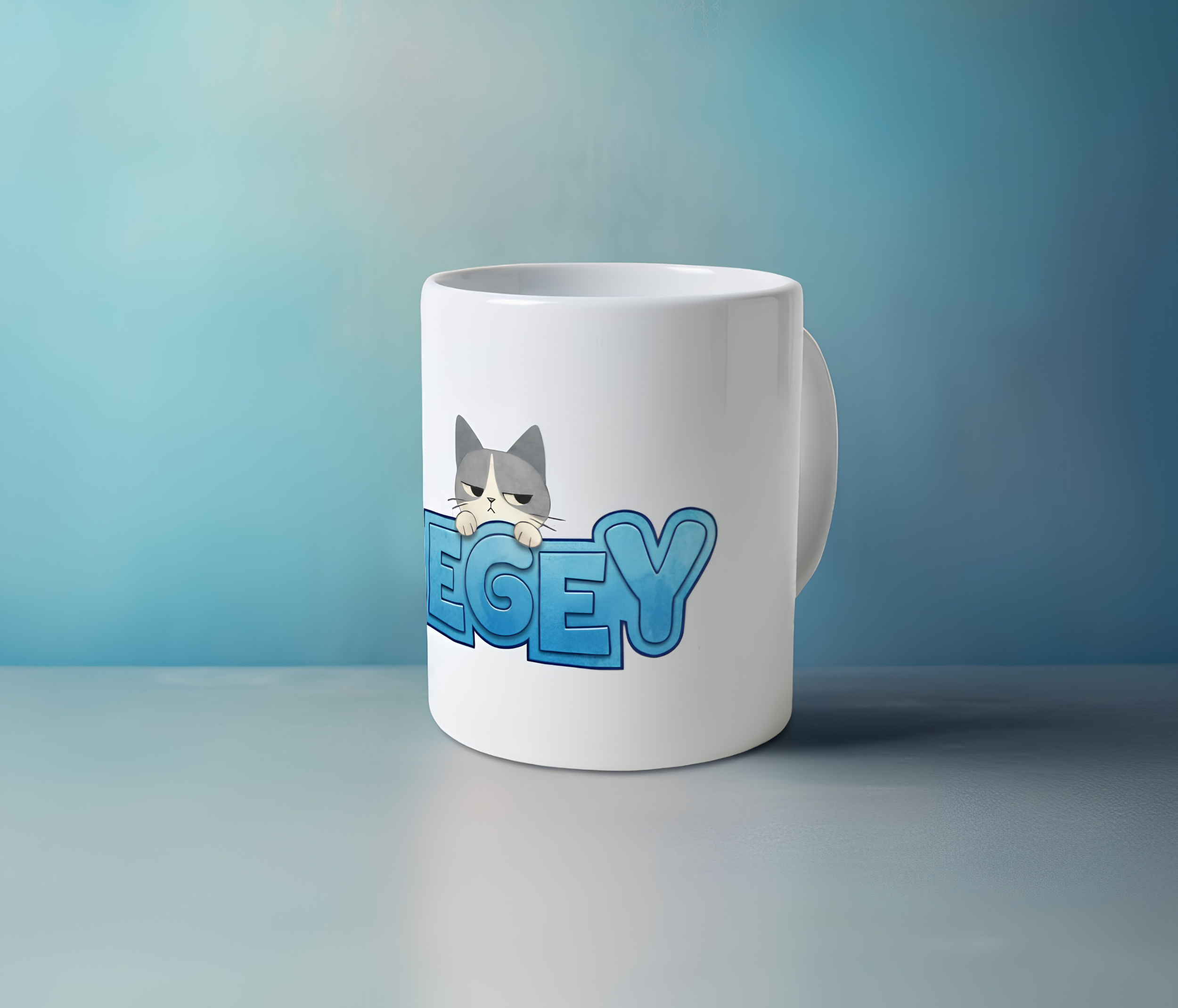 A white mug with a cartoon grey cat peeking over the word "Aegey" on a light blue background.