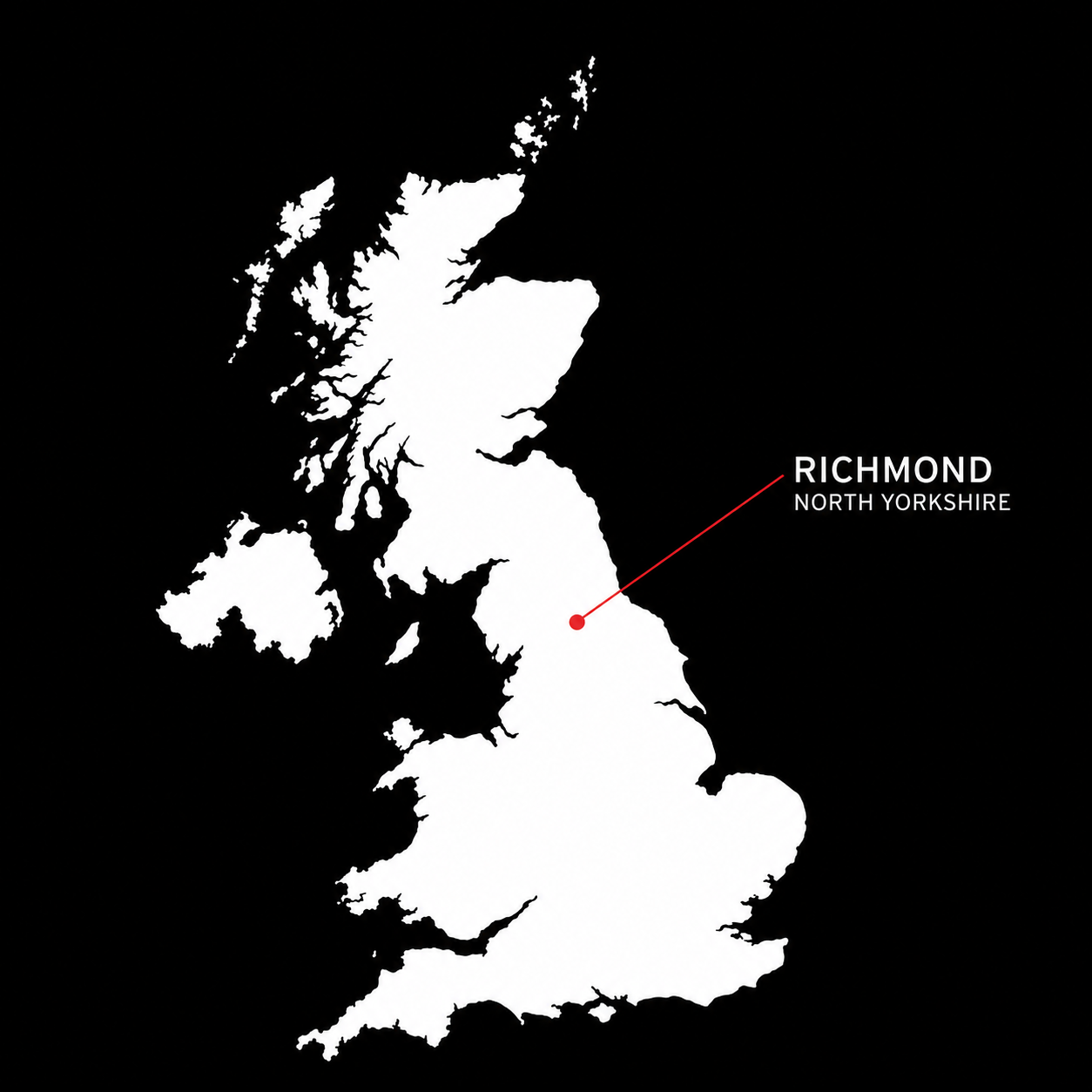 Map of the United Kingdom highlighting North Yorkshire with a red dot and label for Richmond.