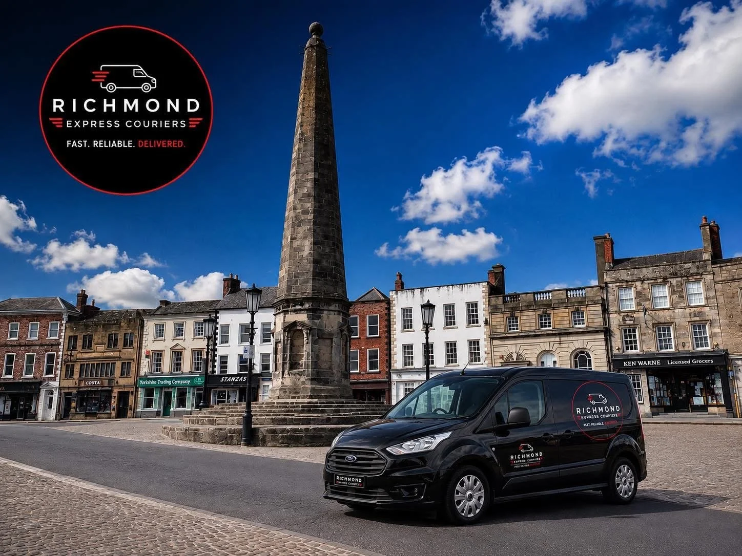 A black delivery van with Richmond Express Couriers logo parked on a cobblestone street in front of a town square with a tall stone monument, historic buildings, and a partly cloudy blue sky.