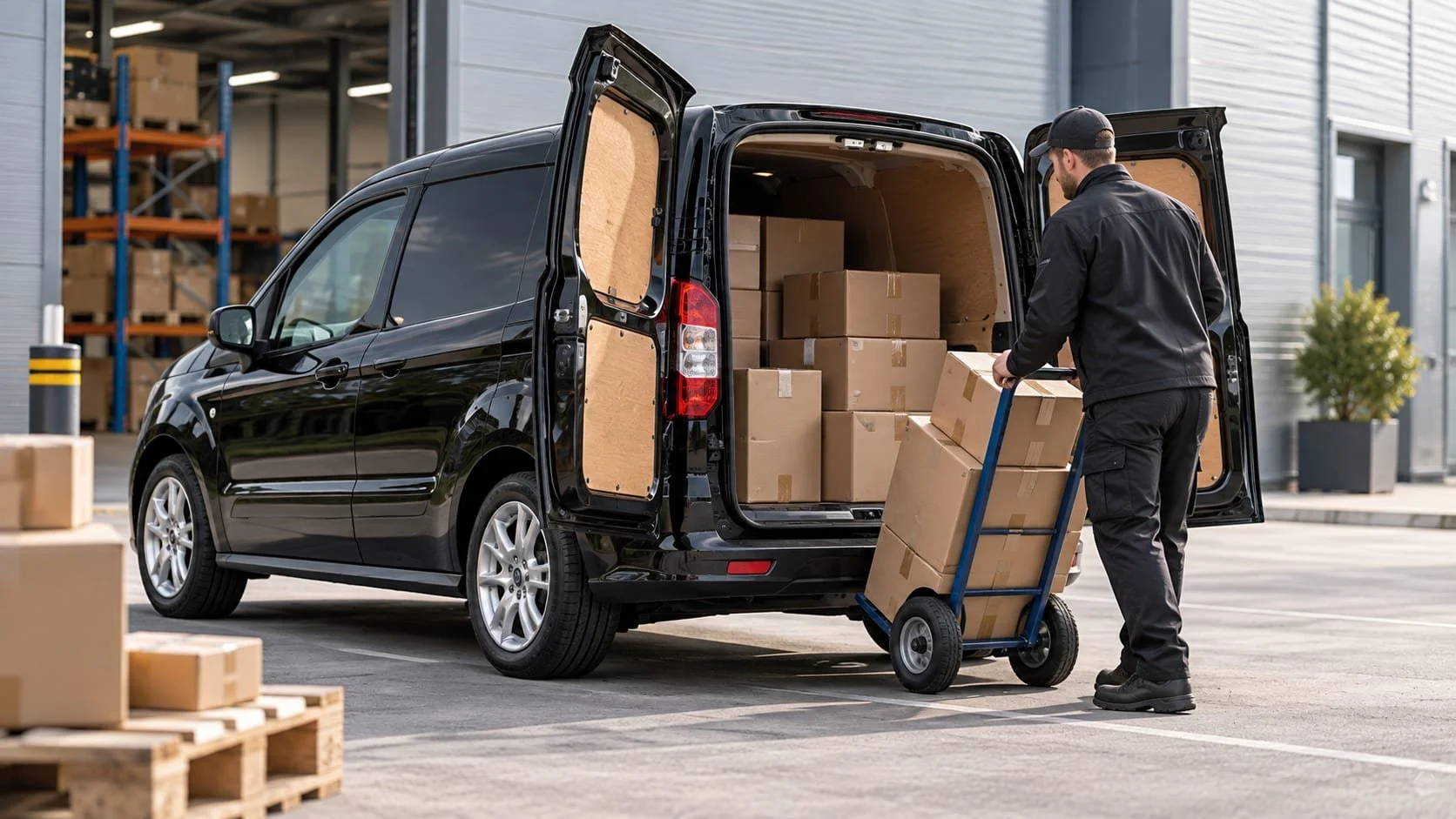 Courier loading boxes into a black van for a dedicated business delivery.