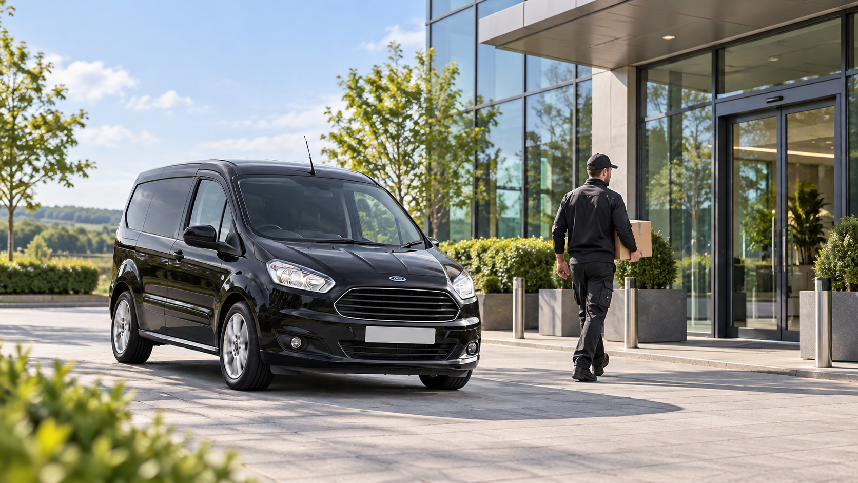 A delivery person walking towards a glass building entrance holding a cardboard box, with a black Ford Transit Connect van parked nearby on a sunny day.